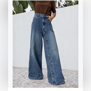 UOOZEE  Retro High Waisted Single Breasted Jeans Wide Leg Denim Pants